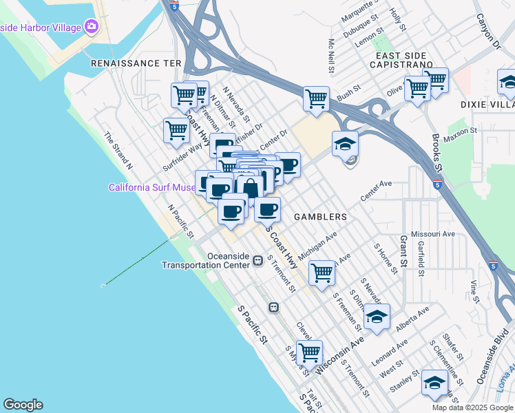 map of restaurants, bars, coffee shops, grocery stores, and more near in Oceanside