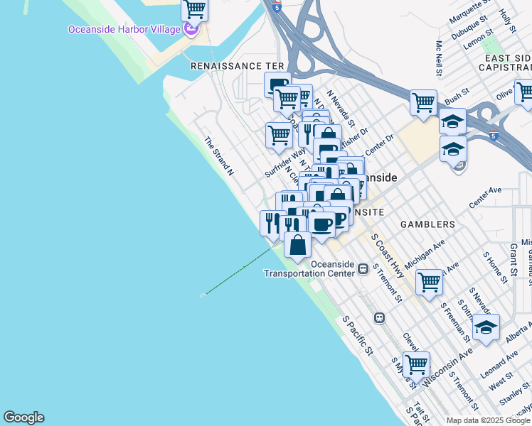 map of restaurants, bars, coffee shops, grocery stores, and more near in Camp Pendleton North