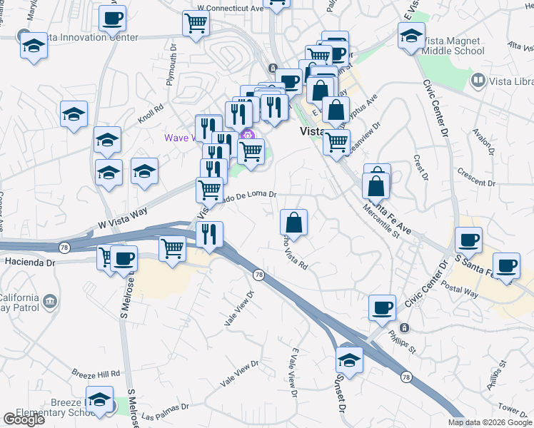 map of restaurants, bars, coffee shops, grocery stores, and more near 121 Unity Way in Vista