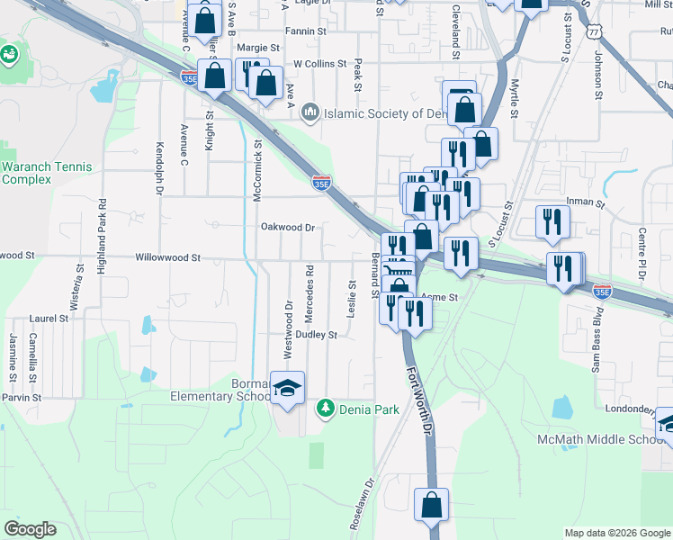 map of restaurants, bars, coffee shops, grocery stores, and more near 920 Willowwood Street in Denton