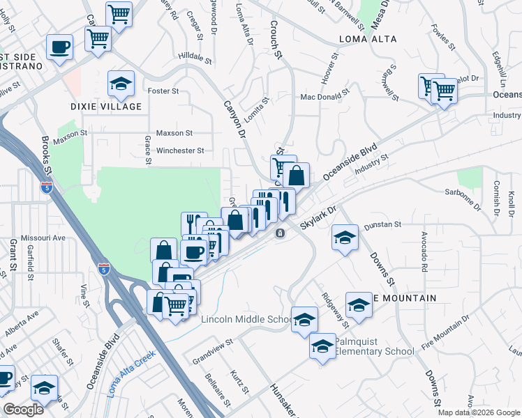 map of restaurants, bars, coffee shops, grocery stores, and more near 1990 Apple Street in Oceanside