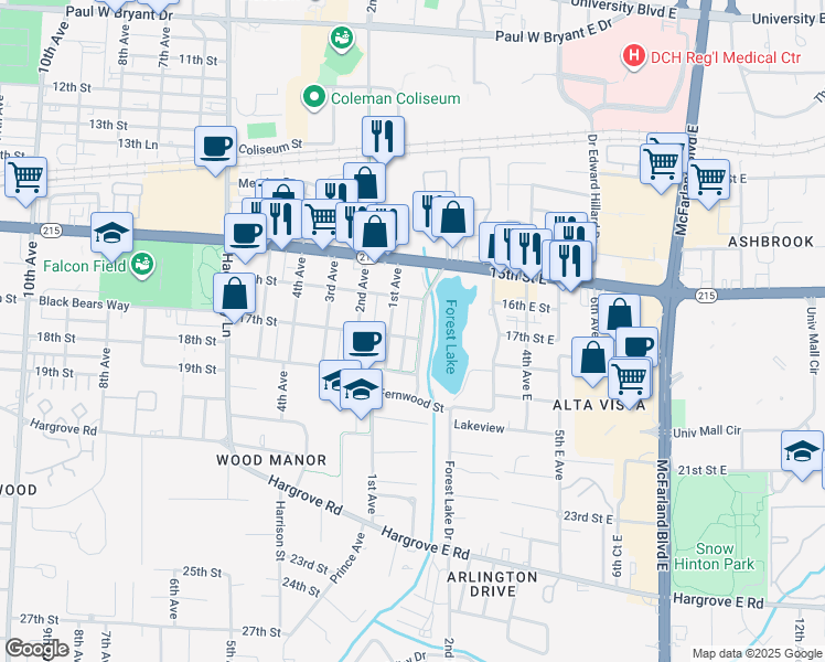 map of restaurants, bars, coffee shops, grocery stores, and more near 1604 Lake Avenue in Tuscaloosa