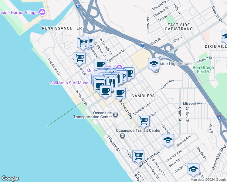 map of restaurants, bars, coffee shops, grocery stores, and more near in Oceanside