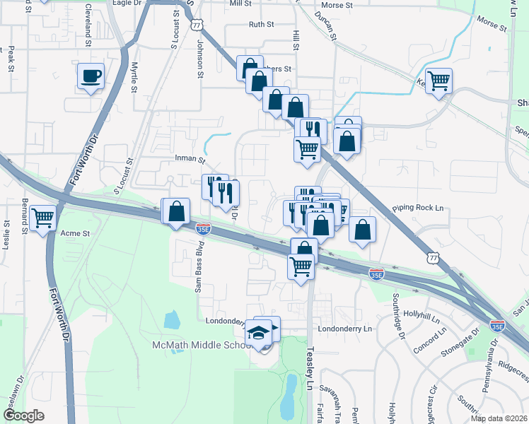 map of restaurants, bars, coffee shops, grocery stores, and more near 1408 Teasley Lane in Denton