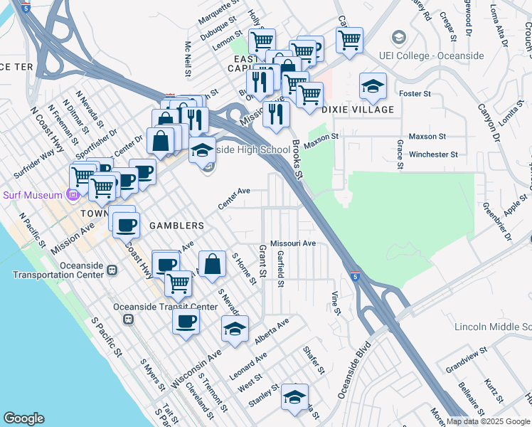 map of restaurants, bars, coffee shops, grocery stores, and more near 1249 Center Avenue in Oceanside