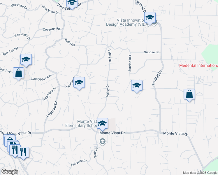 map of restaurants, bars, coffee shops, grocery stores, and more near 718 Valley Drive in Vista