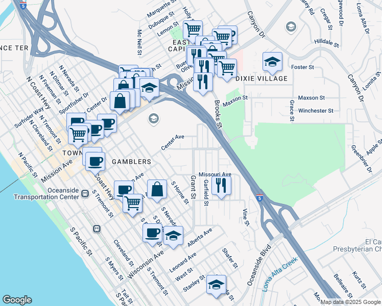 map of restaurants, bars, coffee shops, grocery stores, and more near 1249 Center Avenue in Oceanside