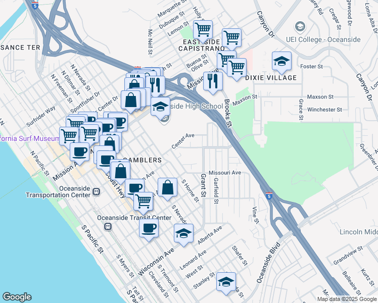 map of restaurants, bars, coffee shops, grocery stores, and more near 1210 Division Street in Oceanside