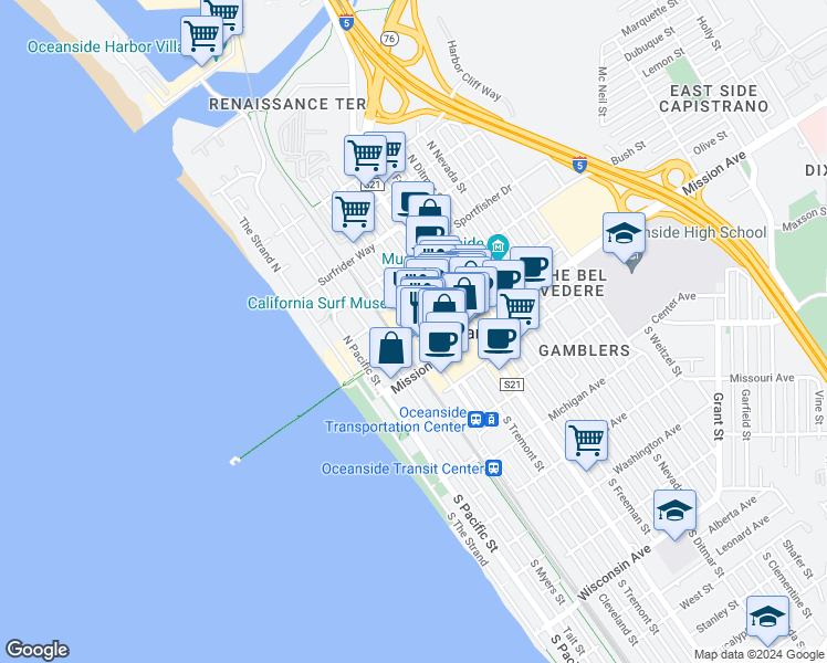 map of restaurants, bars, coffee shops, grocery stores, and more near 371 North Cleveland Street in Oceanside