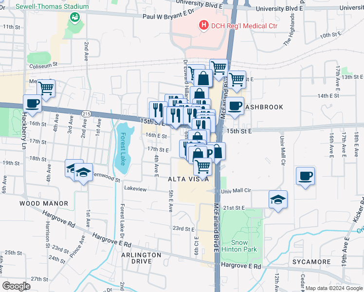 map of restaurants, bars, coffee shops, grocery stores, and more near in Tuscaloosa