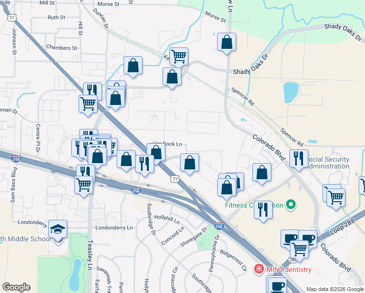 map of restaurants, bars, coffee shops, grocery stores, and more near 1221 Piping Rock Lane in Denton