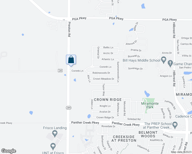map of restaurants, bars, coffee shops, grocery stores, and more near 9542 Crown Meadow Drive in Frisco