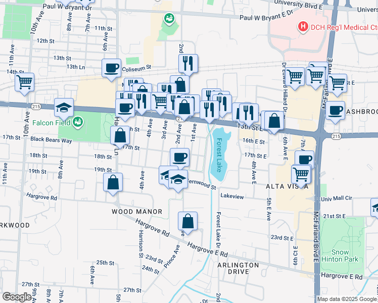 map of restaurants, bars, coffee shops, grocery stores, and more near 1610 1st Avenue in Tuscaloosa