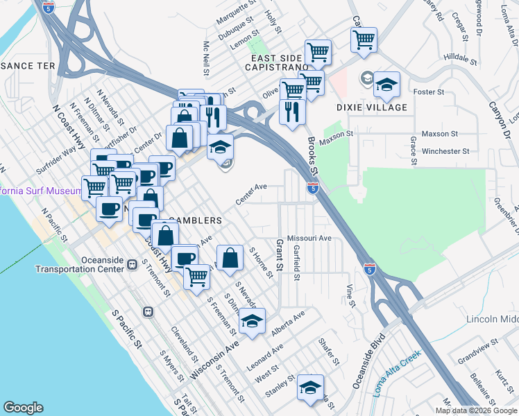 map of restaurants, bars, coffee shops, grocery stores, and more near 1223 Division Street in Oceanside