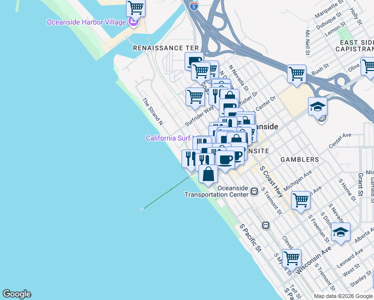 map of restaurants, bars, coffee shops, grocery stores, and more near in Camp Pendleton North