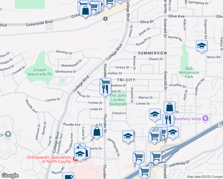map of restaurants, bars, coffee shops, grocery stores, and more near 4110 Lewis Street in Oceanside