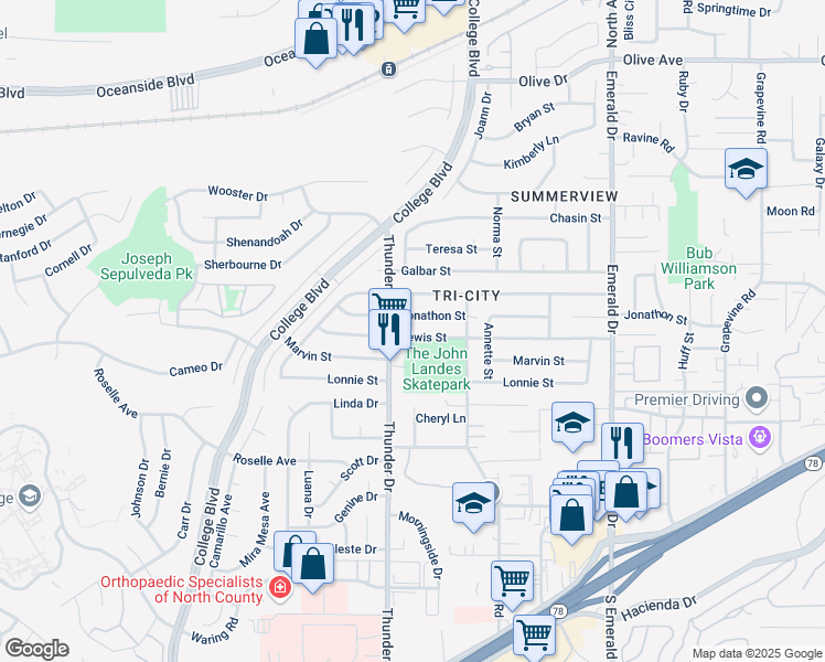 map of restaurants, bars, coffee shops, grocery stores, and more near 4110 Lewis Street in Oceanside