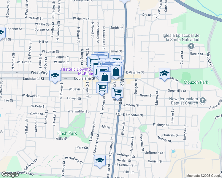 map of restaurants, bars, coffee shops, grocery stores, and more near 265 East Davis Street in McKinney