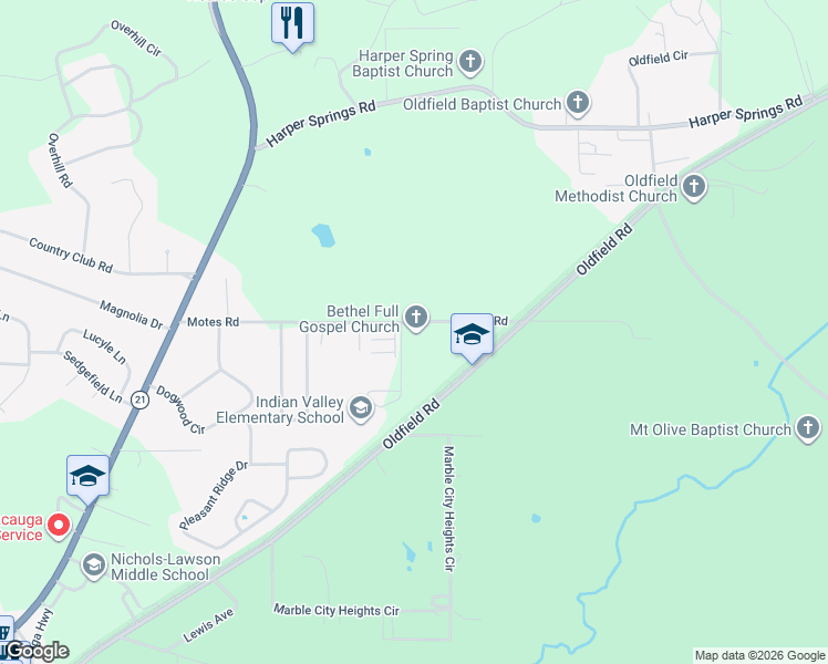 map of restaurants, bars, coffee shops, grocery stores, and more near 2323 Motes Road in Sylacauga