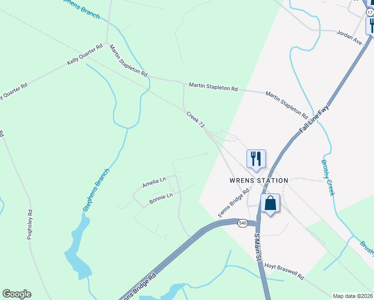 map of restaurants, bars, coffee shops, grocery stores, and more near 1035 Shaunee Lane in Wrens