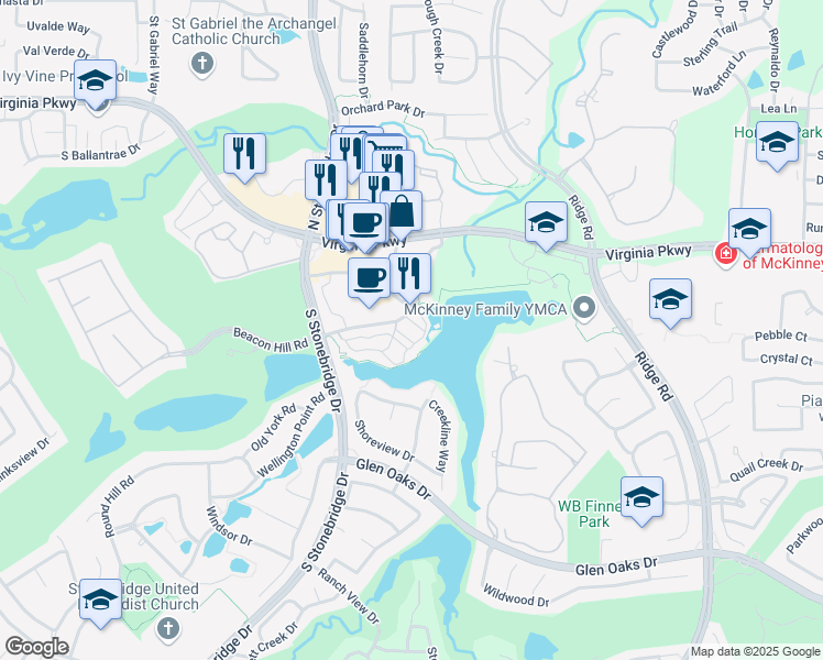 map of restaurants, bars, coffee shops, grocery stores, and more near 6675 Mediterranean Drive in McKinney