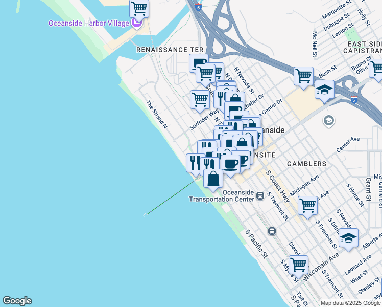 map of restaurants, bars, coffee shops, grocery stores, and more near in Camp Pendleton North