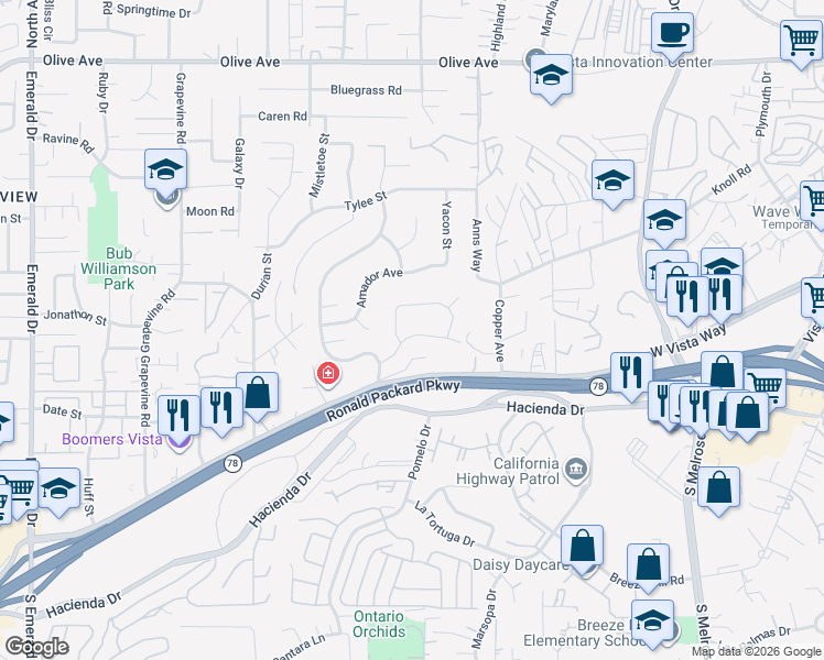 map of restaurants, bars, coffee shops, grocery stores, and more near 1120 Nash Lane in Vista