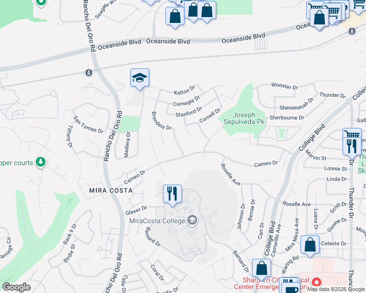 map of restaurants, bars, coffee shops, grocery stores, and more near 2876 Brandeis Drive in Oceanside