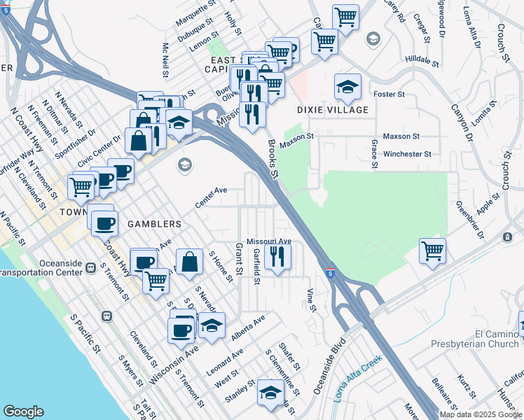 map of restaurants, bars, coffee shops, grocery stores, and more near 341 Garfield Street in Oceanside