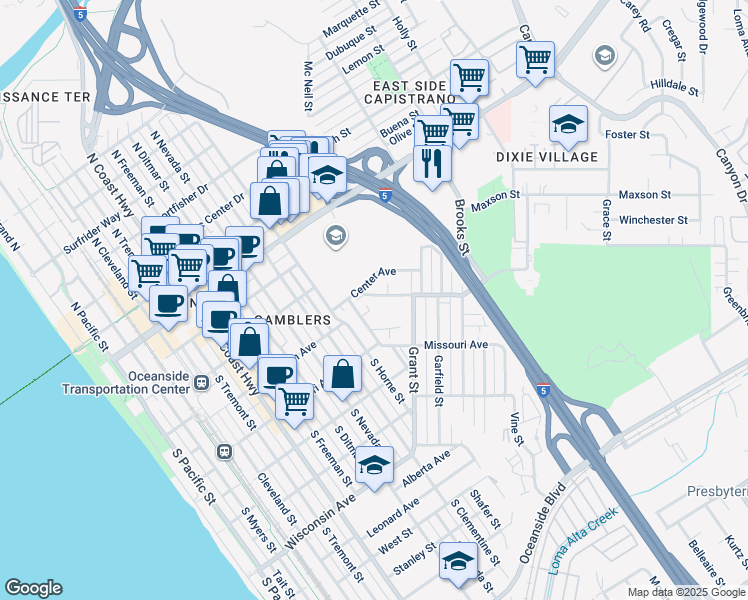 map of restaurants, bars, coffee shops, grocery stores, and more near 1210 Division Street in Oceanside