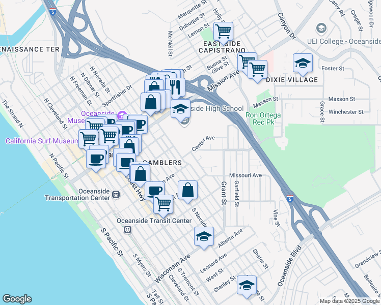 map of restaurants, bars, coffee shops, grocery stores, and more near 209 South Horne Street in Oceanside
