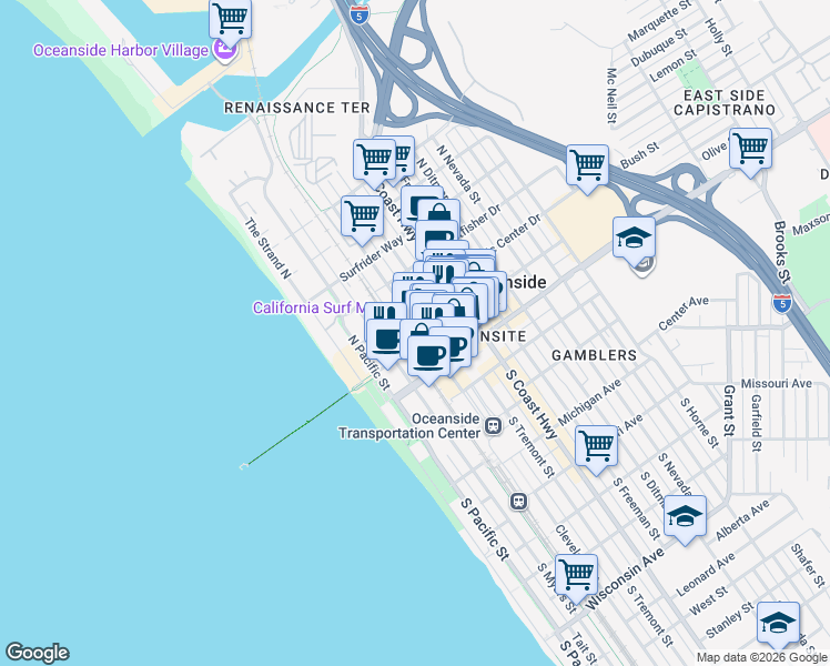 map of restaurants, bars, coffee shops, grocery stores, and more near 371 North Cleveland Street in Oceanside