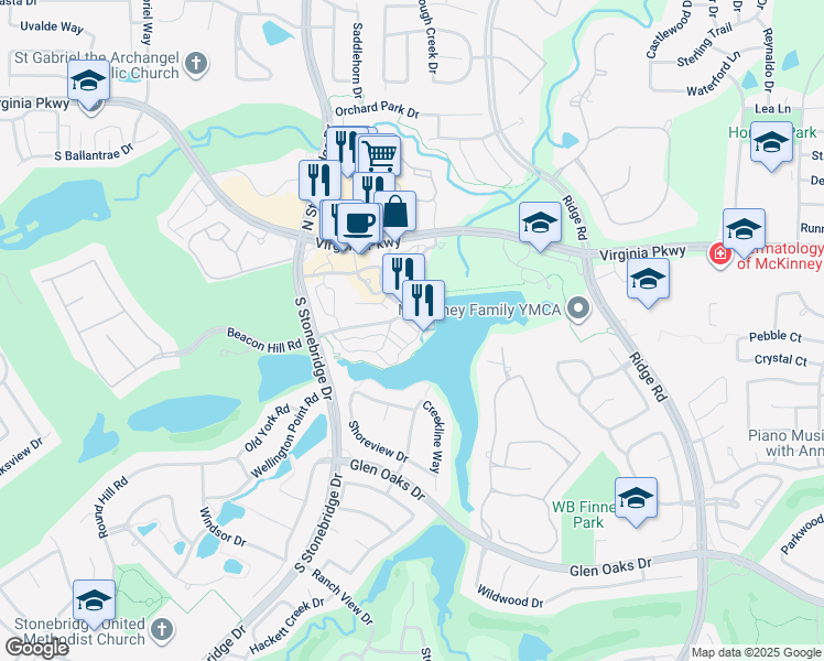 map of restaurants, bars, coffee shops, grocery stores, and more near 6633 Mediterranean Drive in McKinney