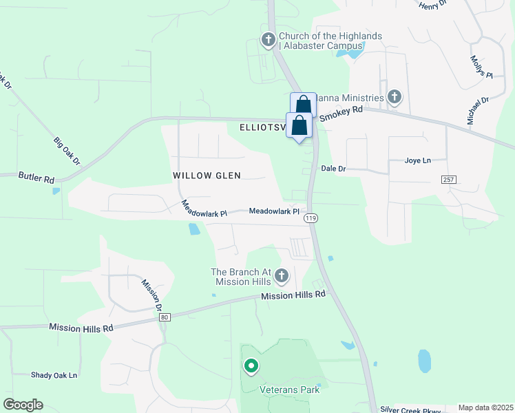 map of restaurants, bars, coffee shops, grocery stores, and more near 427 Meadowlark Place in Alabaster