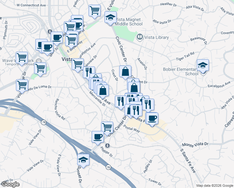 map of restaurants, bars, coffee shops, grocery stores, and more near 853 Crest Drive in Vista