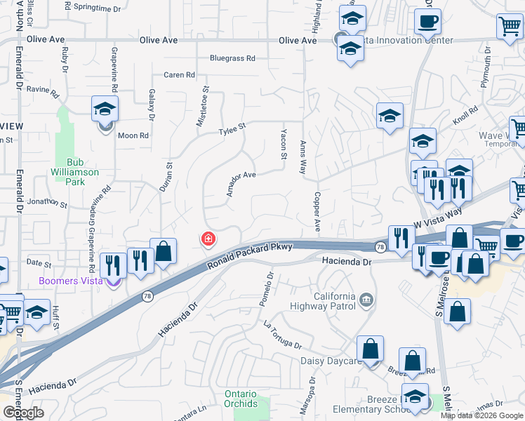 map of restaurants, bars, coffee shops, grocery stores, and more near 1120 Nash Lane in Vista