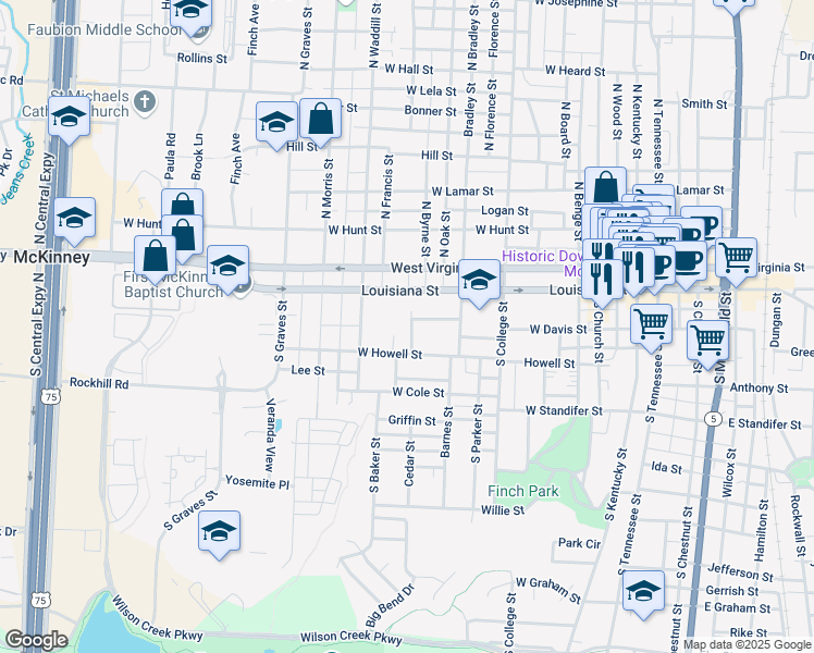 map of restaurants, bars, coffee shops, grocery stores, and more near 105 Truett Street in McKinney