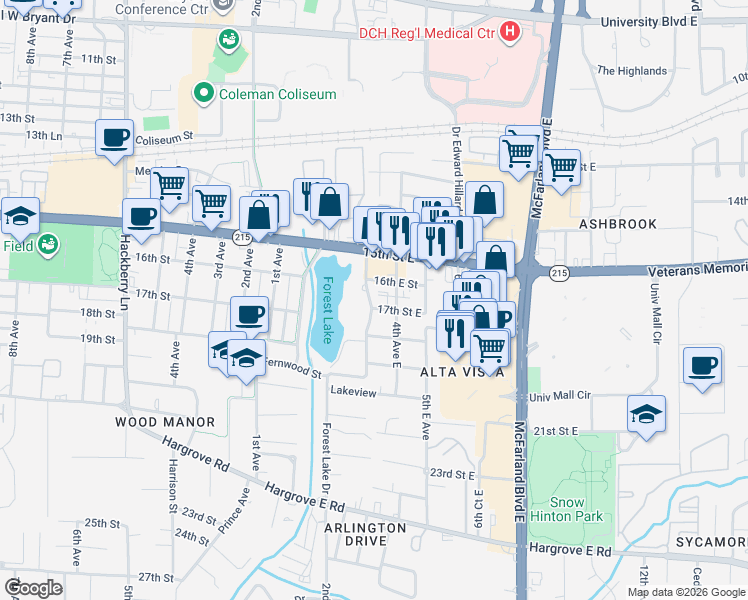 map of restaurants, bars, coffee shops, grocery stores, and more near 305 16th Street East in Tuscaloosa