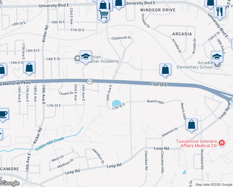 map of restaurants, bars, coffee shops, grocery stores, and more near 1520 27th Avenue East in Tuscaloosa