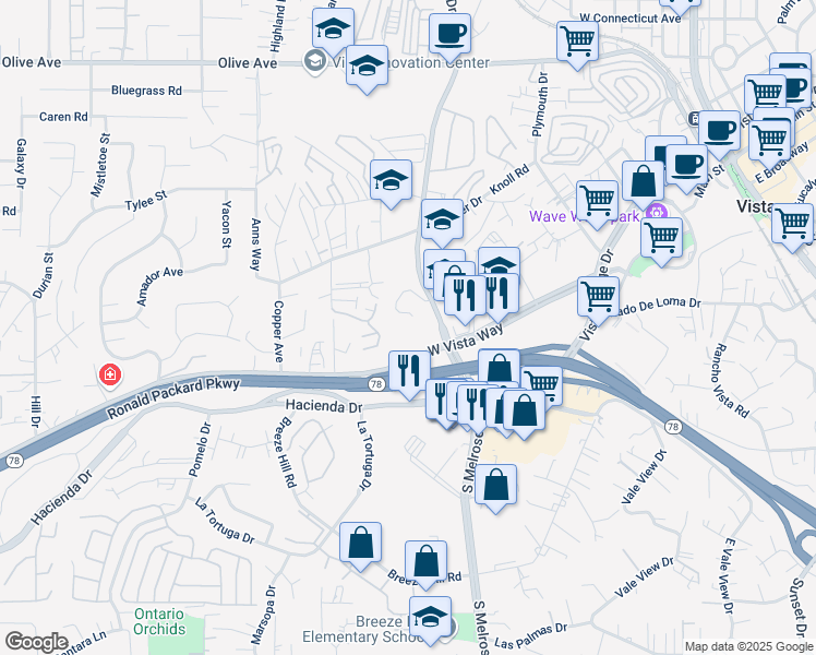 map of restaurants, bars, coffee shops, grocery stores, and more near 158 North Melrose Drive in Vista