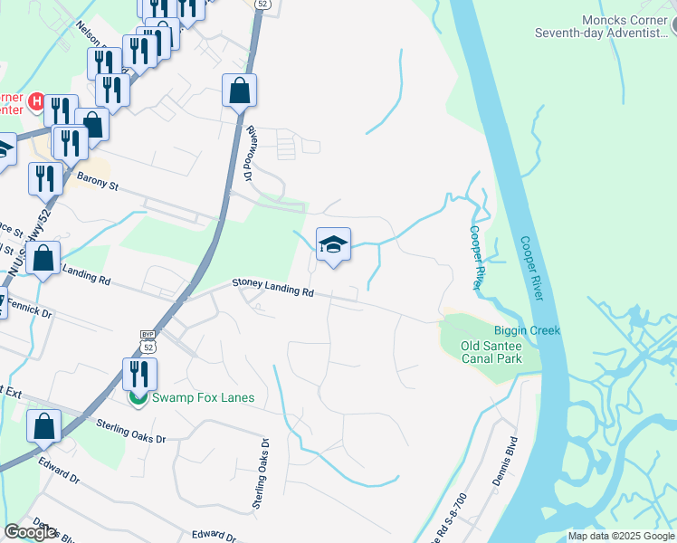 map of restaurants, bars, coffee shops, grocery stores, and more near 777 Stony Landing Road in Moncks Corner