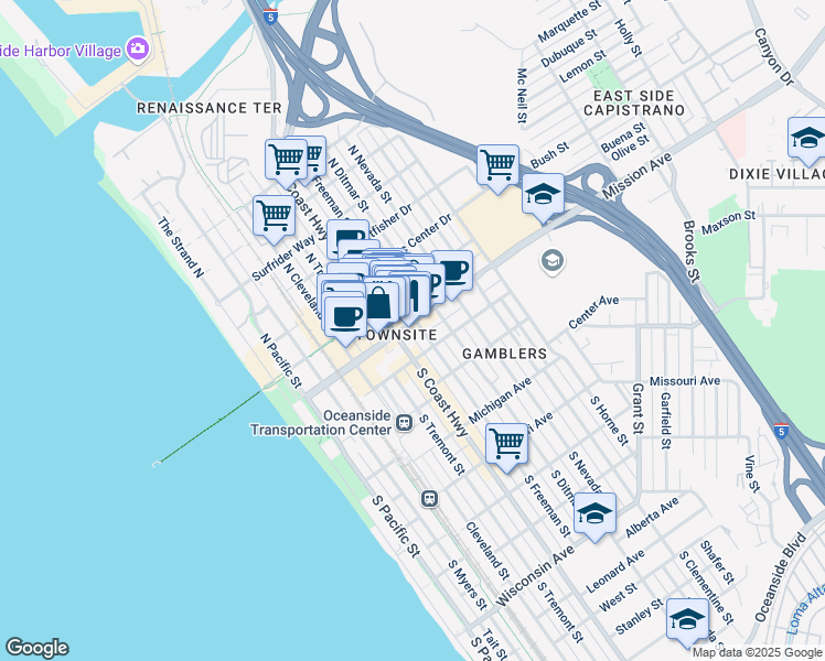 map of restaurants, bars, coffee shops, grocery stores, and more near in Oceanside