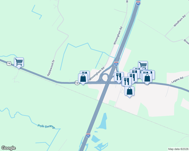 map of restaurants, bars, coffee shops, grocery stores, and more near Winningham Road in Saint George