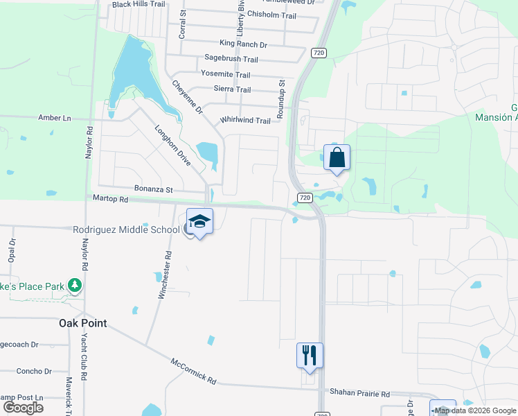 map of restaurants, bars, coffee shops, grocery stores, and more near Martop Road in Oak Point