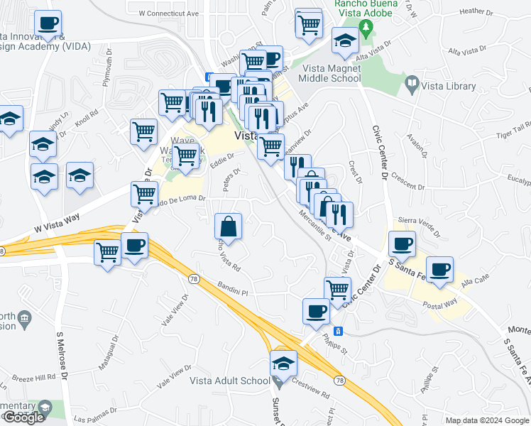 map of restaurants, bars, coffee shops, grocery stores, and more near 230 Guajome Street in Vista