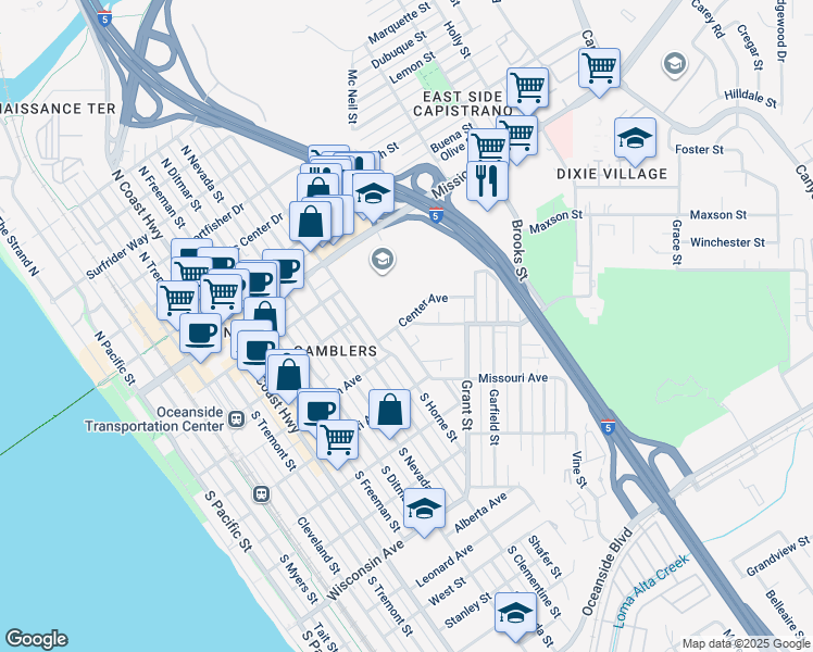 map of restaurants, bars, coffee shops, grocery stores, and more near 1210 Division Street in Oceanside