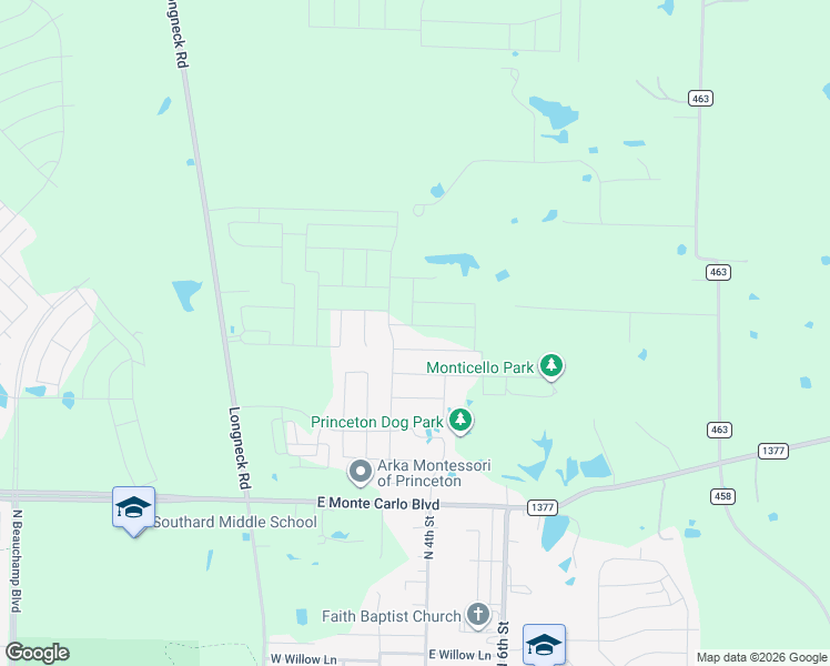 map of restaurants, bars, coffee shops, grocery stores, and more near 8431 Biggs Road in Princeton