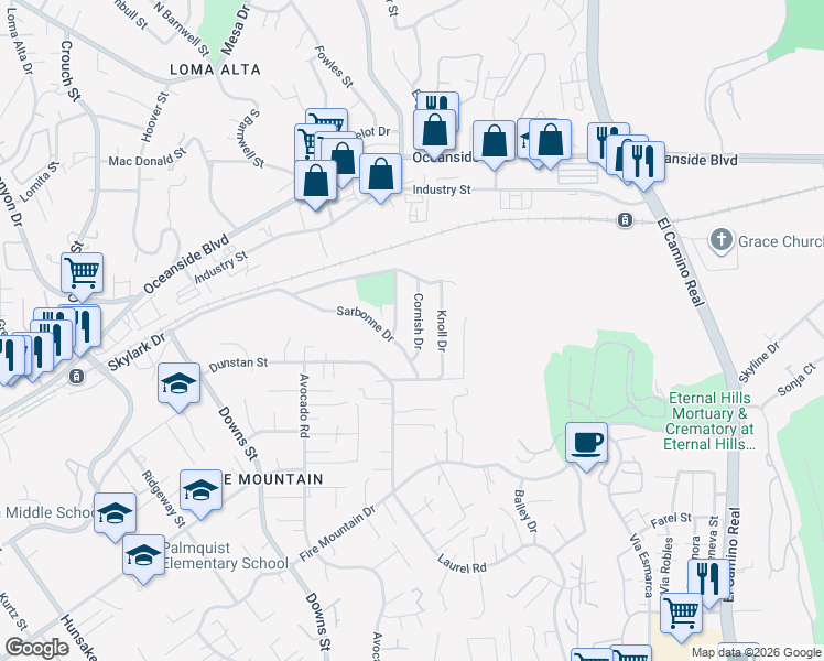 map of restaurants, bars, coffee shops, grocery stores, and more near 1331 Cornish Drive in Oceanside
