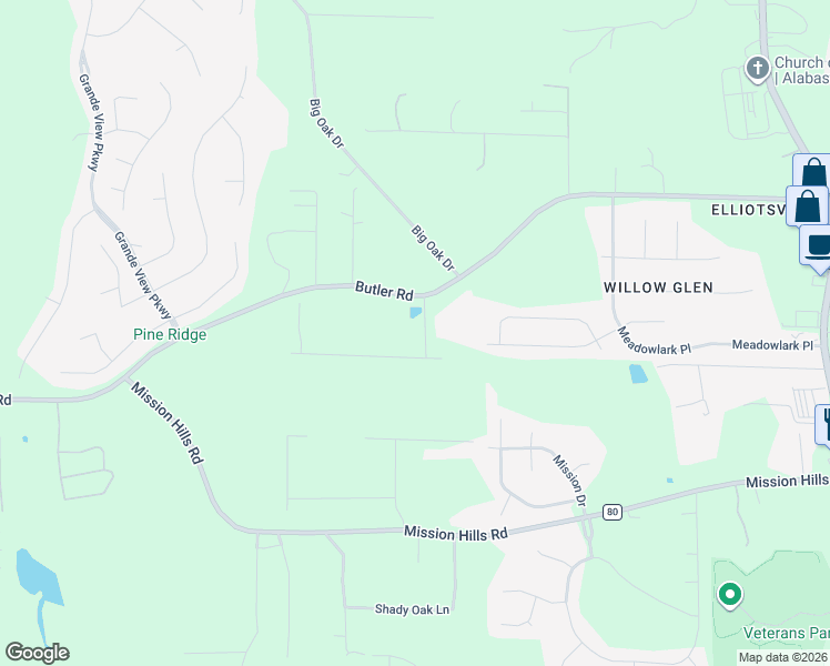 map of restaurants, bars, coffee shops, grocery stores, and more near 100 Lakewood Drive in Alabaster