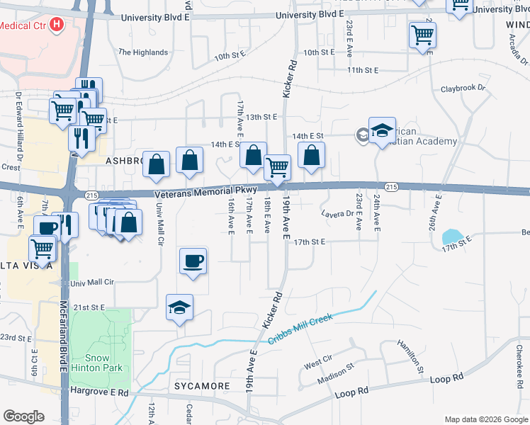 map of restaurants, bars, coffee shops, grocery stores, and more near 1517 17th Avenue East in Tuscaloosa